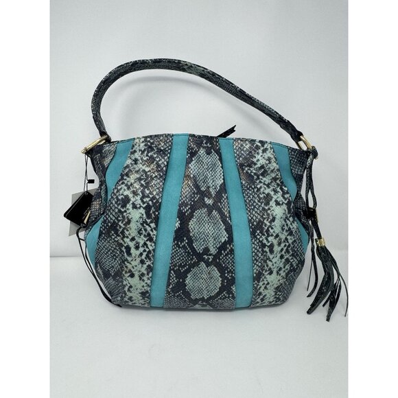 Aimee Kestenberg Leather Handbag Teal/Faux Snakeskin Tasseled Purse Gold NWT - Picture 1 of 16